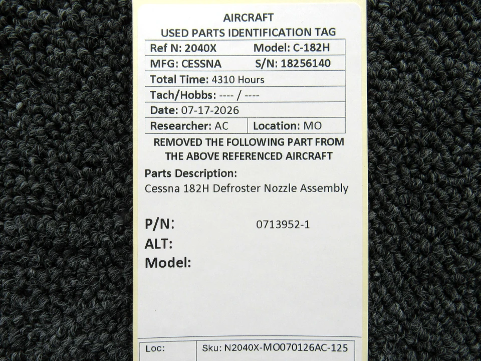 0713952-1 Cessna 182H Defroster Nozzle Assembly - Image 8