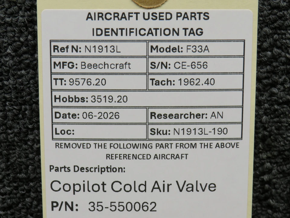 35-550062 Beechcraft F33A Copilot Cold Air Valve - Image 13